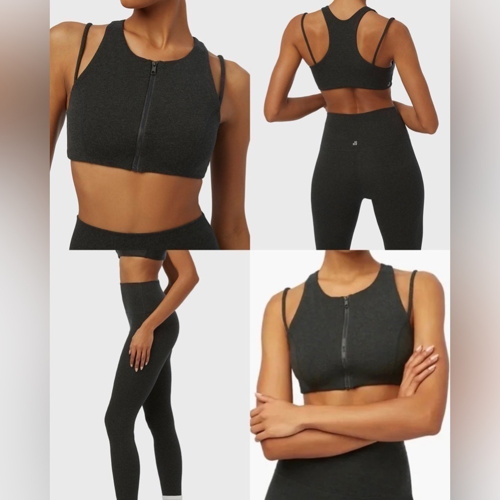 Weworewhat Active Double Strap Cotton Jersey Zip up Knit Bra Sports Grey Medium